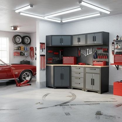 Garage Storage Cabinet System 8-Pcs Garage Cabinets and Storage System Corner Workshop Set with Corner Cabinet, Cabinet Drawers, Workbench, Pegboard for Tool Organization, Black and Grey