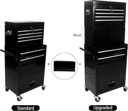 6-Drawer Tool Chest, Detachable Top for Garage, Black 3Set | Rolling Mobile Storage Cabinet Organizer with Lockable Wheels for Workshop Utility, Heavy Duty Metal Construction