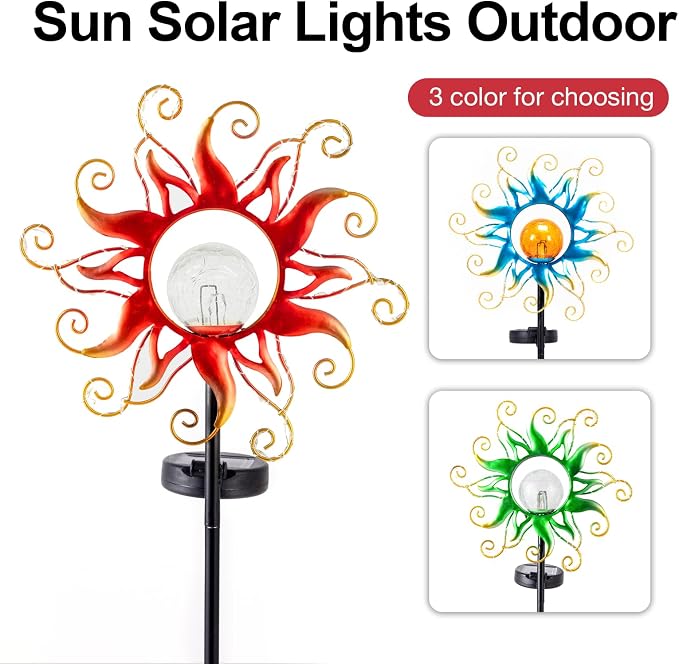 Solar Lights Outdoor Waterproof Red Sun Metal Crackle Glass Stake Decorative for Outside,Yard,Lawn,Patio,Walkway Mothers'Day Gifts Mom Grandma Garden Lover