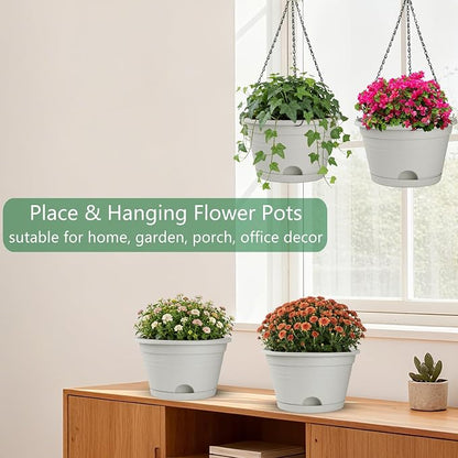 Nooulap 4 Pack Hanging Planters Outdoor, 10 Inch Hanging Plant Pot, Grey | Hanging Baskets for Plants, Outdoor Indoor Use, Place & Hanging Flowers Pots, with 40cm Chains, Home Garden Porch Decor