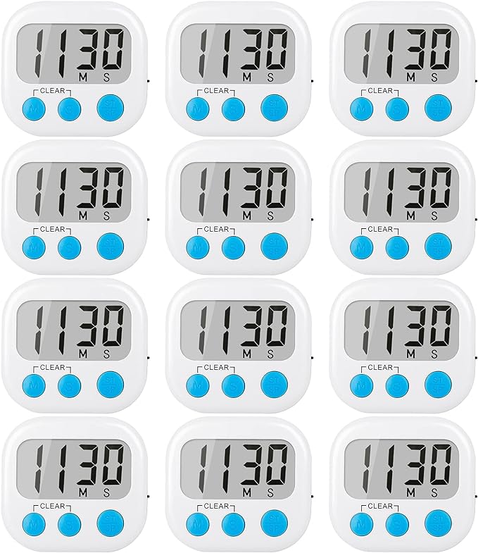 12 Pack Digital Kitchen Timers for Cooking Magnetic Timer for Cooking Loud Alarm White