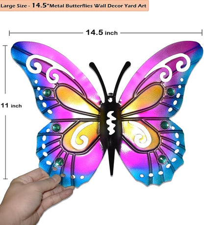 Akulgaci 2 Pack Butterfly Decorations, 14.5" Large Metal Butterflies Fence Garden Yard Art Wall Decor for Outdoor Patio Balcony Tree Front Porch, Vibrant Colors Purple Green