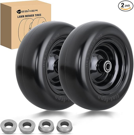 Yesker 11x4.00-5 Flat Free Lawn Mower Tire and Wheel Assembly with 3/4" Bearing Bore, 11x4-5nhs Solid Riding Lawnmower Tires with 3.4" Center Hub, 2 Pack
