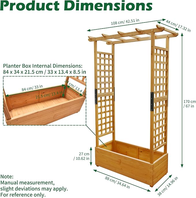 Raised Garden Bed Wooden Patio Planter with Trellis Outdoor Climbing Cucumber Box Pots Tomato Flower Vegetable Herb Porch, Tall Hanging Roof, Orange, 42.51" L x 17.32" W x 67" H
