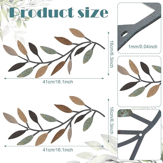 Zhengmy 2 Pieces Metal Tree Leaf Wall Decor Vine Olive Branch Leaf Wall Art Living Room, Hallway Wall Decor Outdoor Decoration(Classic Color)