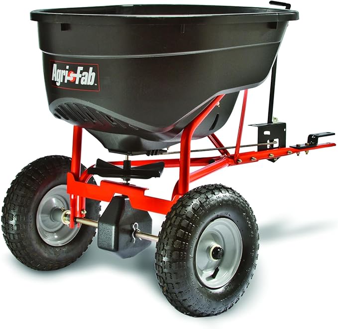 Agri-Fab Pull Behind Broadcast Spreader for Seed, Fertilizer, Salt and Ice Melt, 130 lb Hopper Capacity with Universal Hitch and 12 Ft Spread Width