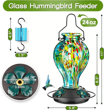 Hand Blown Glass Hummingbird Feeders for Outdoors Hanging, 24oz Wild Bird Nectar Feeder with Ant Moat and Perch, Bee-Resistant Ports, Garden Decor, Gifts for Women Mom, 1 Pack, Blue Fireworks