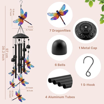 Dragonfly Wind Chimes for Outside, Black Metal Windchimes Outdoors, Dragonflies Gifts for Women/Men, Garden/Yard Decor, Memorial/Birthday Gifts for Grandma/Mom, Durable Chimes for Outdoors