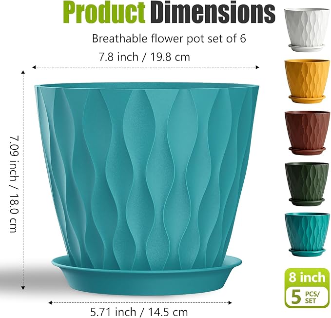 8 Inch Plastic Plant Pots,Set of 5 Flower Pots,Planters with Drainage Holes & Saucers, Indoor Outdoor Garden Pots for Home Decor(Colorful)