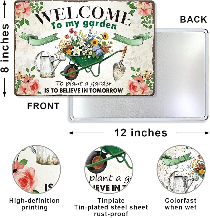 Welcome to My Garden Metal Tin, Garden Sign | Welcome Gardening Wall Art for Outside Gardening Porch Patio Yard Wall Decor