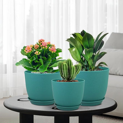 WSMKSZ 9/8/7.5 inch Flower Pots, 3 Pack Modern Plastic Planters with Drainage Holes and Trays for House Plants, Plant Pots for Indoor Outdoor Plants, Blue Green