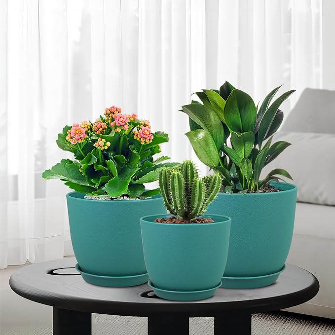 WSMKSZ Flower Pots 10/9/8 inch, Set of 3 Modern Decorative Plastic Planters with Drainage Holes and Tray for House Plants Indoor Flowers Plants, Plant Pots for Indoor Outdoor Plants, Blue Green