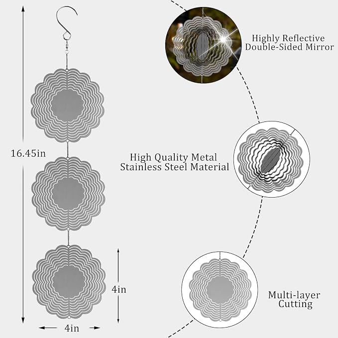 Stainless Steel Bird Deterrents for Outside Patio, Reflective Bird Scare Devices 3D Wind Spinners Outdoor Decor, Woodpecker Deterrent Bird Reflectors to Keep Pigeon Crow Away House Yard Window Porch