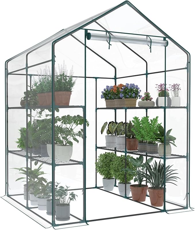 OLIXIS Outdoor Greenhouse, Walk-in Greenhouse with 2 Tier 8 Plant Shelves, Durable PVC Cover, 56"x56"x77" Portable Greenhouses for Outdoor Garden, Patio, Porch, Backyard Green Houses, Clear