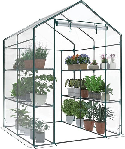 OLIXIS Outdoor Greenhouse, Walk-in Greenhouse with 2 Tier 8 Plant Shelves, Durable PVC Cover, 56"x56"x77" Portable Greenhouses for Outdoor Garden, Patio, Porch, Backyard Green Houses, Clear