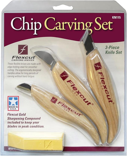 FLEXCUT Wood Carving Knives | Chip Carving Set | 1095 High Carbon Steel Blades | Ergonomic Ashwood Handle | Set of 3 Woodcarving Tools | KN115 | Made in the U.S.A.