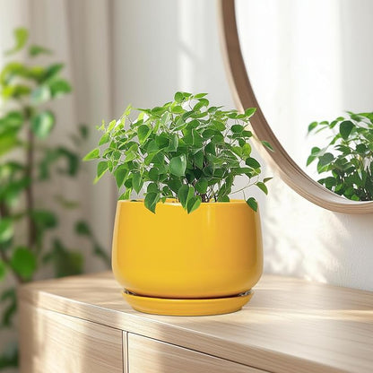 G EPGardening Ceramic Pots for Plants - 7 Inch Plant Pot with Drainage Hole and Saucer, Modern Ceramic Planter for Indoor Outdoor, Round Flower Planter, Gifts for Plants Lovers, Home Decor, Yellow