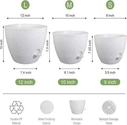 UOUZ Large Self Watering Pots, 12/10/9 Plastic Planters with High Drainage Holes and Deep Reservoir for Indoor Outdoor Garden Plants and Flowers, White Speckles