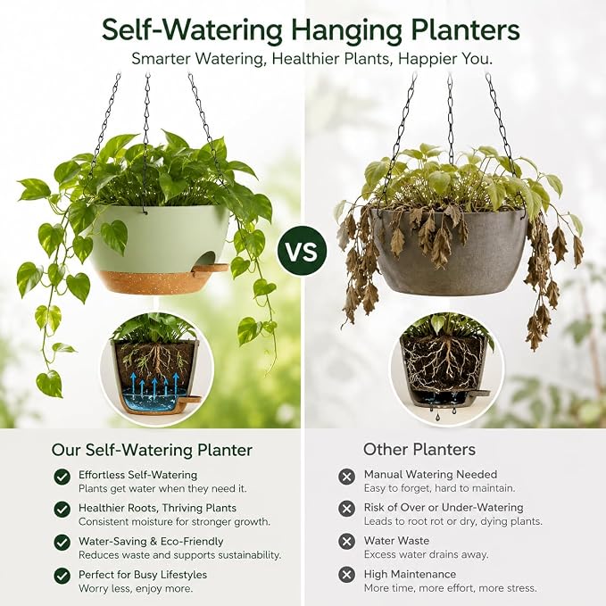 12 Inch Self Watering Hanging Planters 2 Pack, Green Brown | Plastic planters with drainage holes and saucers. Suitable for indoor, outdoor, kitchen, balcony and garden plant decor.