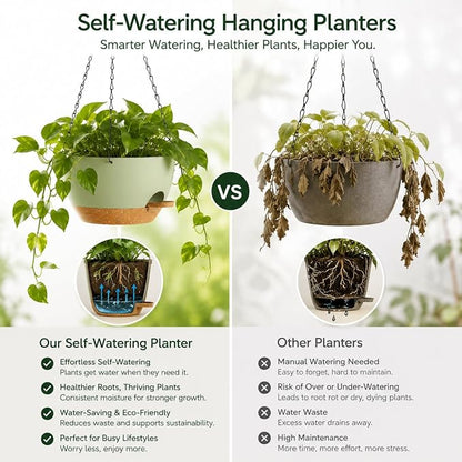 12 Inch Self Watering Hanging Planters 2 Pack, Green Brown | Plastic planters with drainage holes and saucers. Suitable for indoor, outdoor, kitchen, balcony and garden plant decor.