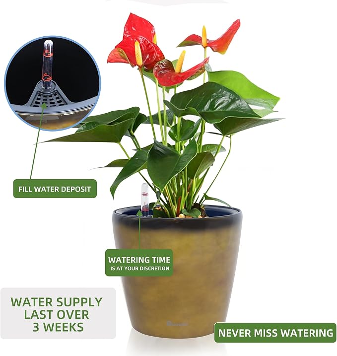 Dexceder 9x8 Self Watering Planter (Yellow Brown Gradient) | Inner Pot Design, Thickened Table Flower Plant Pot with Water Level Indicator Indoor Outdoor