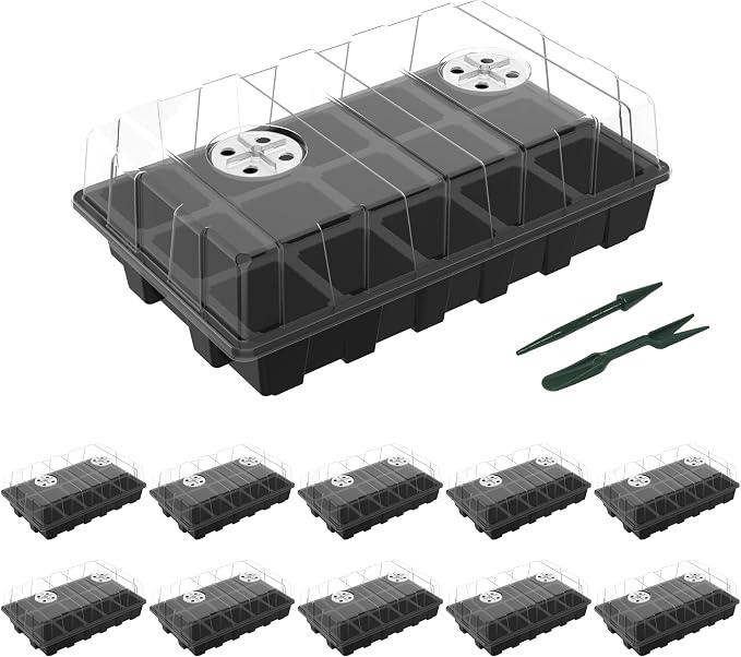 Gardzen 10-Pack Seed Starter Kits, Reusable Plant Germination Trays with Total 150-Cell, Seed Starter Tray with Humidity Vented Domes and Bases for Starting Vegetable Flower Herb Seeds 15" x 9", Black