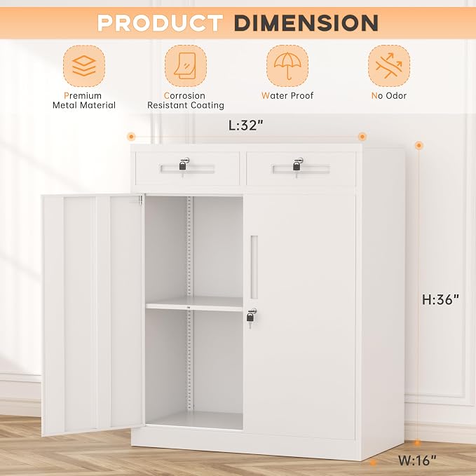 INTERGREAT Metal Garage Storage Cabinets with Lock,Steel Storage Cabinet with Drawer and 2 Adjustable Shelves, Small Lockable Office Steel Cabinet for Home, Warehouse, School, White