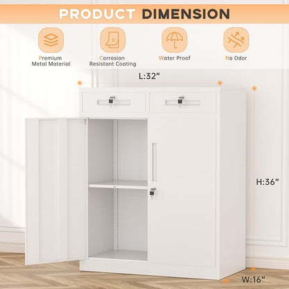 INTERGREAT Metal Garage Storage Cabinets with Lock,Steel Storage Cabinet with Drawer and 2 Adjustable Shelves, Small Lockable Office Steel Cabinet for Home, Warehouse, School, White