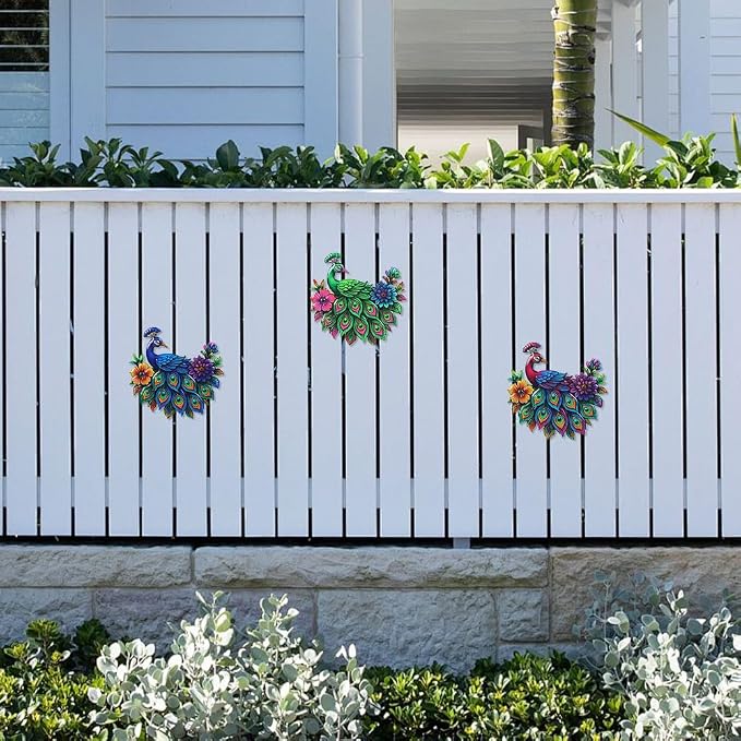 dreamskip 3 Piece Metal Peacock Wall Decor, Iron Tropical Peacocks Wall Art, Outdoor Metal Birds Garden Wall Decors Sculptures for Patio Fence Living Room Housewarming Gifts