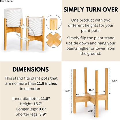 Fox & Fern Bamboo Plant Stand — 11.8 Inch Fixed Size Wooden Mid Century Planter Stand for Indoor Planters (Not Included) - Large Flower Pot Holder for Indoor Big Pots - Plug In Design - Bamboo