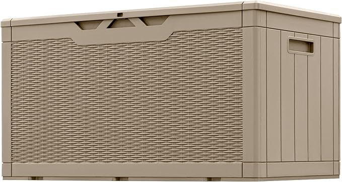 Greesum 100 Gallon Resin Patio Storage Box for Garden Tools, Outdoor Furniture Cushions, Pool Supplies, Coffee