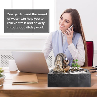 Dyna-Living Indoor Water Fountains Tabletop Water Fountain with Warm Light | Zen Water Fountain Buddha Waterfall for Relaxation, Desk Zen Waterfall Feature for Home & Office Feng Shui Decor, Quiet Pump