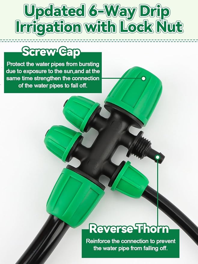 Kalolary 20PCS Locked Barbed Tee Connectors, 5/16" to 1/4" Drip Irrigation Fittings Kit 8/12mm to 4/7mm Tube Lock Female Connector 6-Way Barbed Lock Irrigation Parts for Watering System (Green)