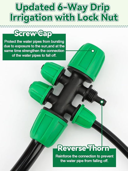 Kalolary 20PCS Locked Barbed Tee Connectors, 5/16" to 1/4" Drip Irrigation Fittings Kit 8/12mm to 4/7mm Tube Lock Female Connector 6-Way Barbed Lock Irrigation Parts for Watering System (Green)