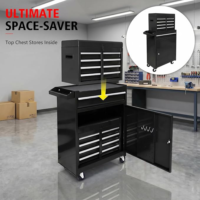 5-Drawer Tool Chest, Detachable Top Box for Garage, Black | Rolling Mobile Storage Cabinet Organizer with Lockable Wheels for Workshop Utility, Heavy Duty Metal Construction