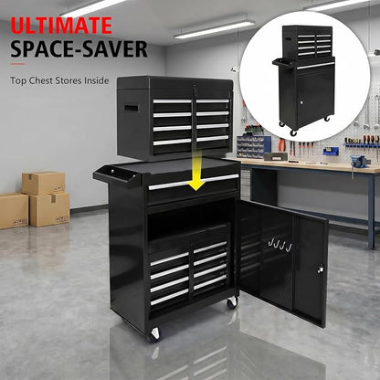 5-Drawer Tool Chest, Detachable Top Box for Garage, Black | Rolling Mobile Storage Cabinet Organizer with Lockable Wheels for Workshop Utility, Heavy Duty Metal Construction