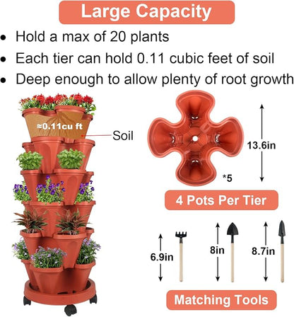 GameXcel Vertical Planter Tower - 6 Tier Stackable Garden Planters with Wheels and Tools Plant Pots for Strawberry Herb Flower and Vegetable Indoor Outdoor Use Red