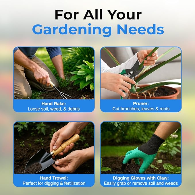 Scuddles All-in-One Garden Tool Kit with Tote Bag and Claw Garden Gloves | Stainless steel hand tools, claw gloves and reinforced tote for planting, pruning, digging and garden maintenance