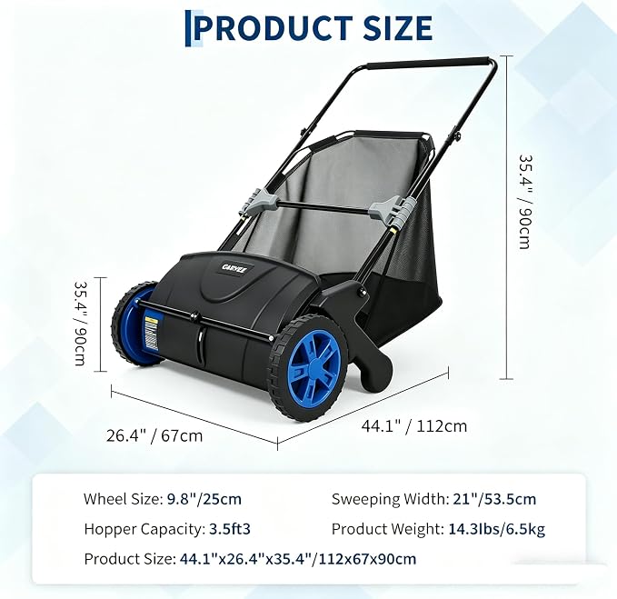 Push Lawn Sweeper, 21inch Leaf & Grass Collector, Heavy Duty Thickened Steel Durable Manual Leaf Sweeper to Use with Large Capacity 3.5 Cu. ft. Mesh Collection Hopper Bag, 2 Spinning Brushes