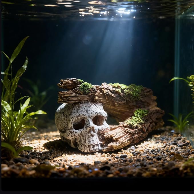 Fish Tank Decorations, Large Aquarium Decor Accessories with Skull and Driftwood, Bearded Dragon Hideout, Reptile & Amphibian Habitat Hideouts