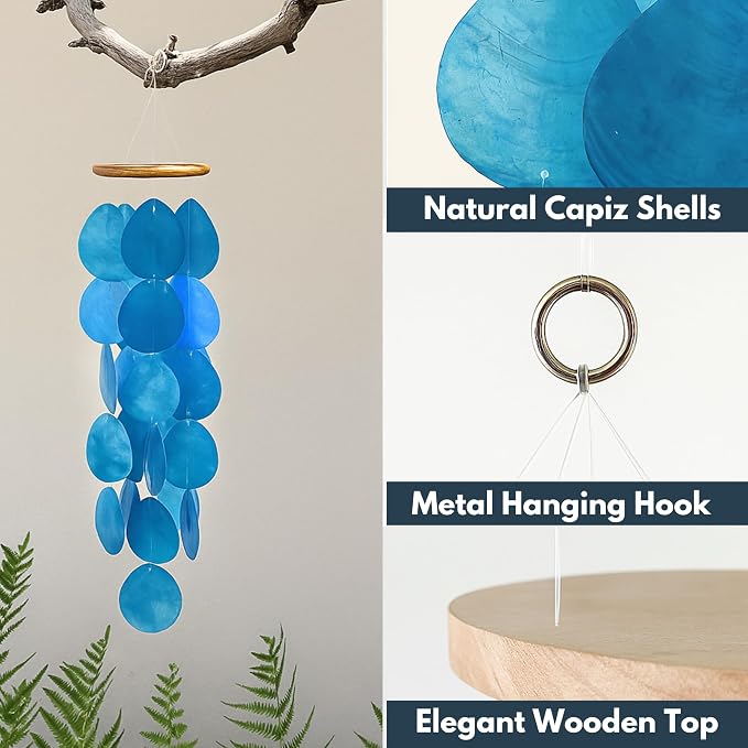 Solange & Frances Blue Wind Chimes for Outside. Capiz Shell Wind Chime Unique House Decor and Patio Decor. Birthday Gifts for Women, Gifts for Women Who Have Everything