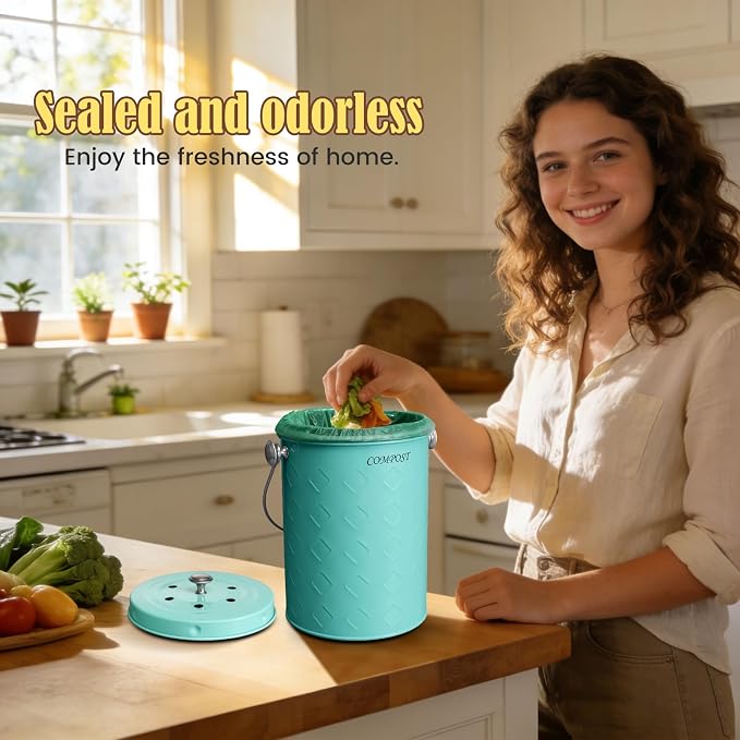 AOSION Countertop Compost Bin Kitchen,Odorless Indoor Compost Bin with Lid | 1 Gallon Composter Container,Removable Inner Bucket,50 Compost Bags,2 Carbon Filters,ideal for food scraps,coffee grounds