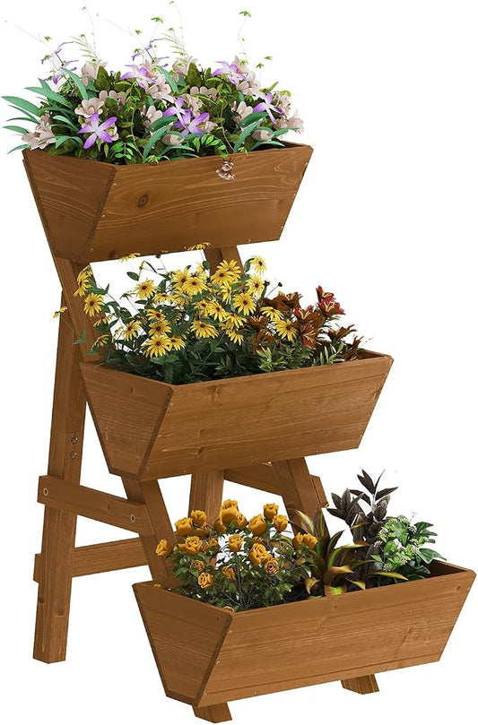 Kitsanery 3-Tiers Wooden Raised Garden Bed,Wood Planter Box for Vegetable,Flower Rack,Flower Pot Stands,Indoor Outdoor Gardening Planting Beds (Brown, Small)