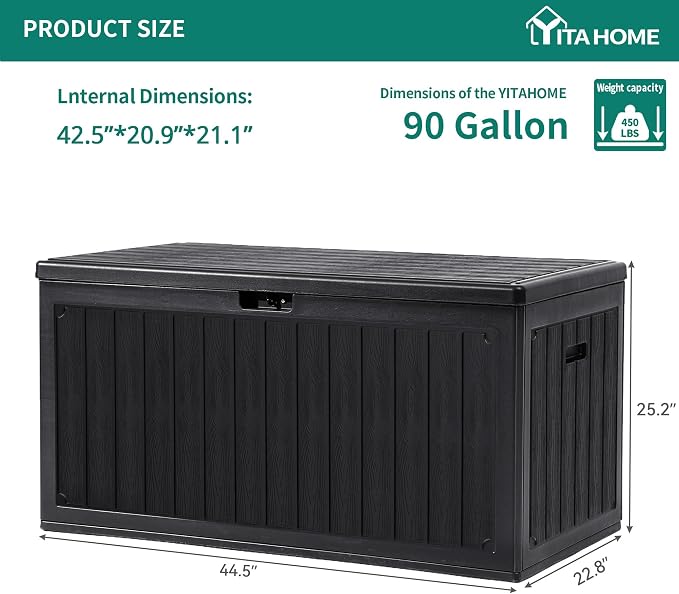 YITAHOME 90 Gallon Large Deck Box with Side Handles | Outdoor Double-Wall Storage for Patio Furniture Cushions, Garden Pool Accessories, Waterproof & Lockable
