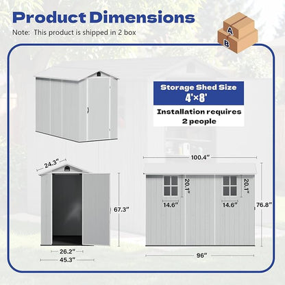 Greesum 4x8FT Plastic Storage Shed with Floor, Resin Outdoor Storaged Sheds with Lockable Door, All Weather Tool Shed with Window and Vent, Easy Assembly for Yard, Patio, Garden, Light Gray