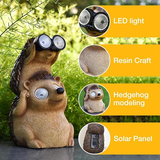 Banax Hedgehog Solar Garden Ornaments, Waterproof LED Garden, Resin Fairytale Art Ornament Outdoor Solar Statues, Hedgehog Statue Gift for Family, Friends & Colleagues Yard Lawn