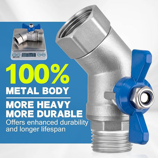 Heavy Duty 304 Stainless Steel 45 Degree Hose Elbow Connector, 3/4" GHT 45 Degree Garden Hose Elbow with Shut-Off Valve for Backyard, Garden Hoses, Outdoor Faucets, RVs(2 Packs)