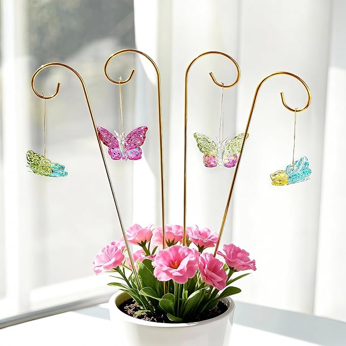 4 Pack Blown Glass Butterfly Decorative Garden Stakes | Colorful Butterflies With 13.5'' Tall Gold Plant Trellis for Indoor Outdoor Lawn Porch Pathway Patio Plant Potted Flower Bed