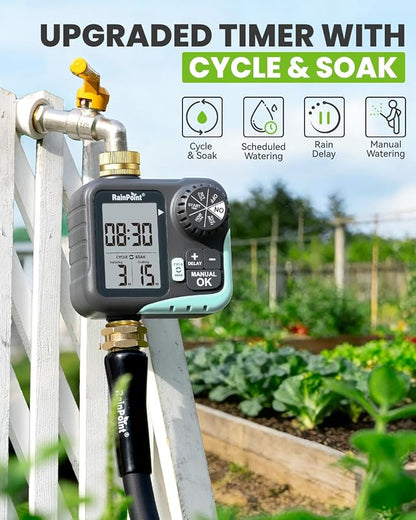 RAINPOINT Sprinkler Timer for Garden Hose - Hose Timer with Cycle & Soak/Rain Delay/Automatic Watering/Manual Watering, Programmable Irrigation System with Large Display, Brass Inlet & Outlet