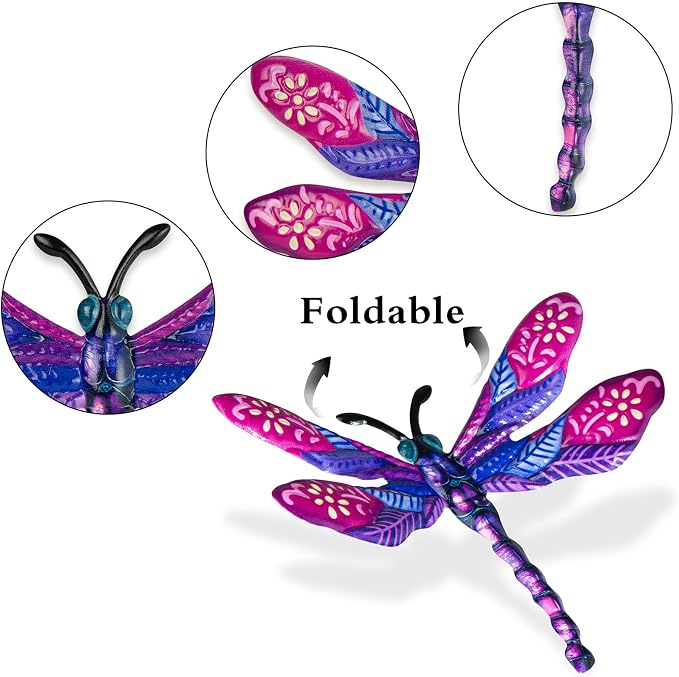 SUNREEK Metal Dragonfly Wall Decor - 9.6" Outdoor Fence Wall Art, Hanging Decorations for Garden Yard Patio Room Decorations, 4 Pack (Color-5)